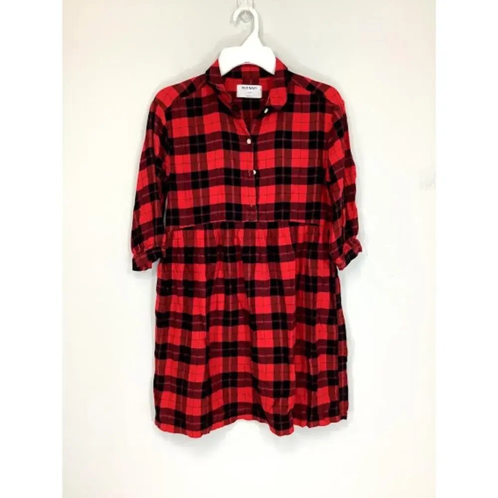 Old Navy Girls Red Black Plaid Quarter Button Mini Dress Kid’s Youth Size XL 14